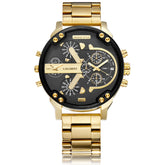 CAGARNY 6820 Large Dial Calendar Display Stainless Steel Band Quartz Dual Movement Watch For Men(Black Ring Gold Steel Belt)